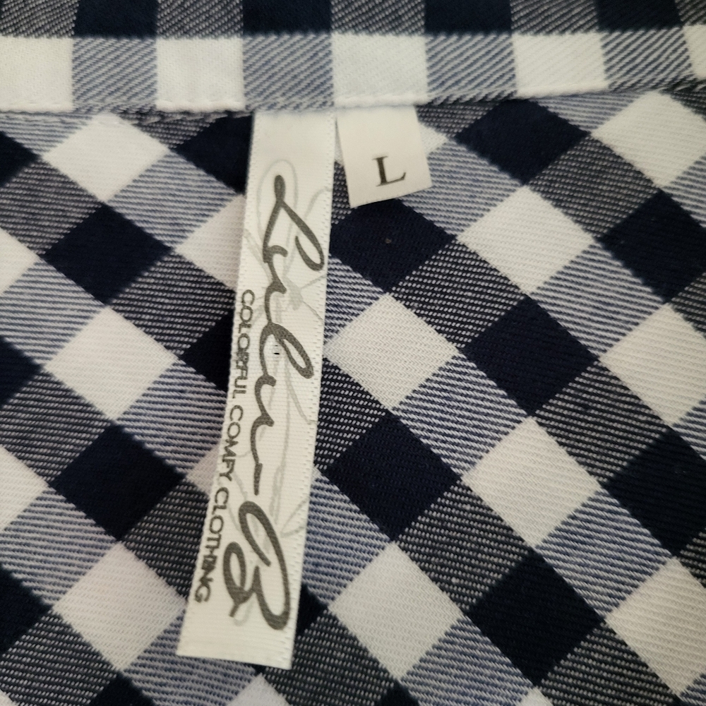 Lulu-B Long Sleeve Gingham Pullover Collared Blouse, Navy Blue and White Size L - Picture 3 of 12